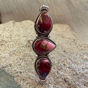 ❤️ Red Dahlia Turquoise 925 3 Stone Statement Ring Navajo Style Size 8.75 10G